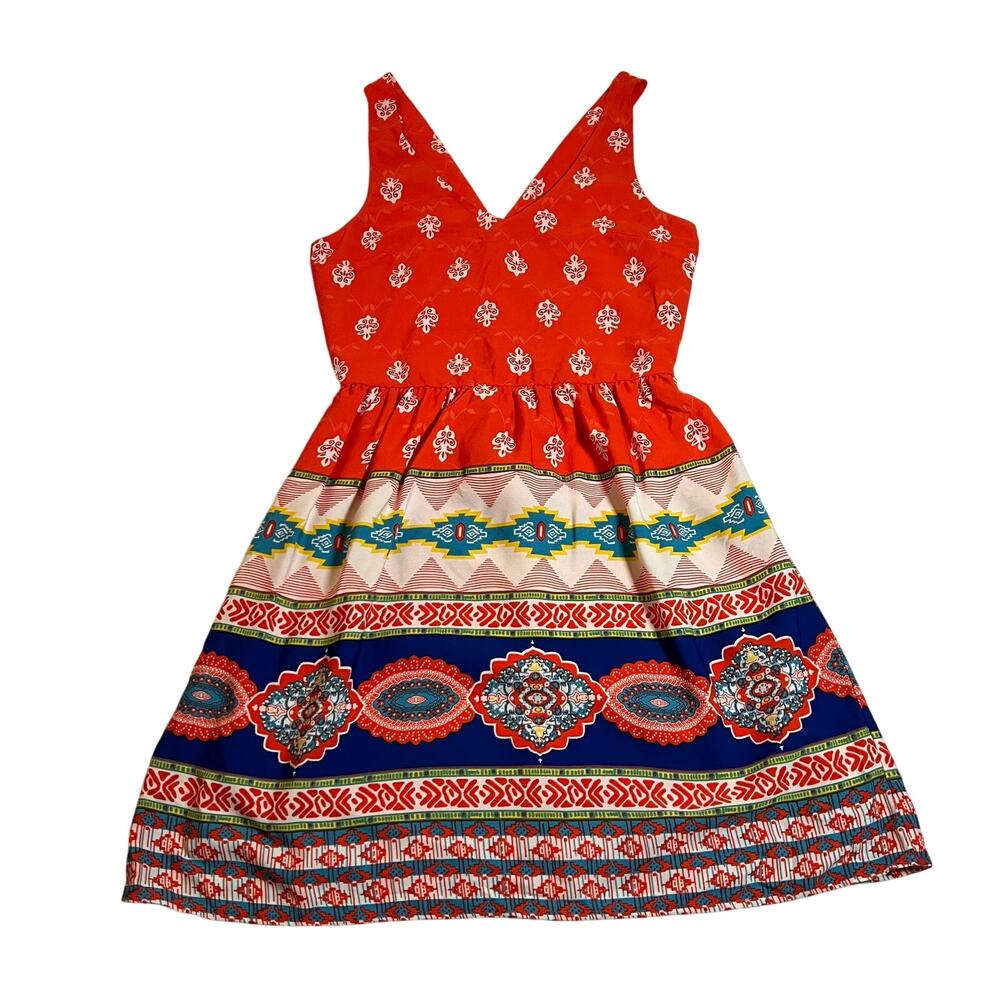 Women's Sleeveless V-Neck Fit and Flare Mini Dress Size XS Bohemian Colorful